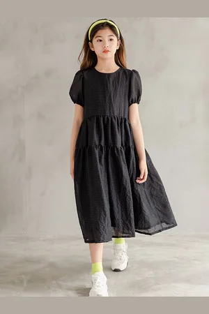 LULU & SKY Girls Puff Sleeve Tiered A-Line Midi Dress