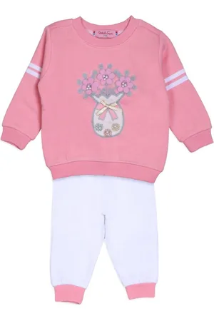 White Snow Infants Girls Embroidered Round Neck Fleece Sweatshirt With Joggers