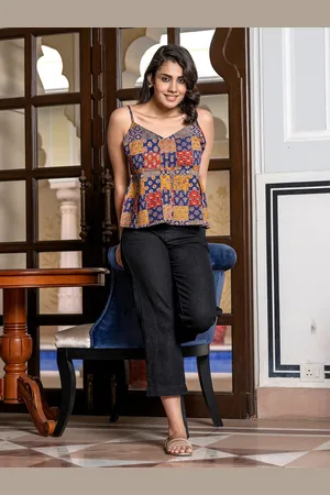 Roadster The Lifestyle Co Ethnic Printed Pure Cotton Sleeveless Peplum Crop Top