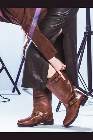 SAINT G. Women Dark Brown Leather Block-Heeled Calf Boots