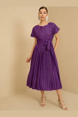Antheaa Women Pleated Fit & Flare Midi Dress With Belt