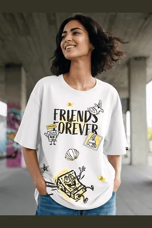 Bewakoof Women Graphic Printed Round Neck Pure Cotton Oversized Spongebob T-shirt