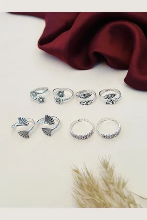 ABDESIGNS Set of 4 Silver-Plated Floral & Leaf Design Toe Rings