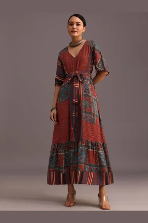 KALKI Fashion Floral Printed V Neck Fit & Flared Maxi Ethnic Dress