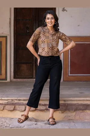 BAESD Women Ethnic Motifs Printed Cotton Shirt Style Crop Top
