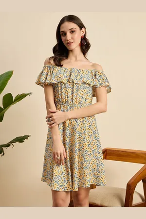 Mast & Harbour Floral Print Off-Shoulder Crepe A-Line Dress