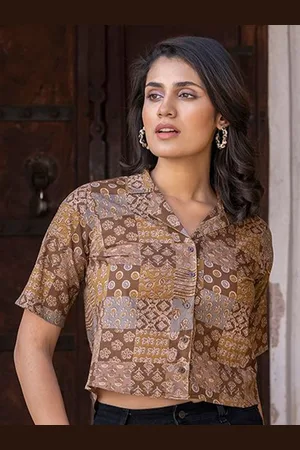 Roadster The Lifestyle Co Ethnic Printed Pure Cotton Cuban Collar Shirt Style Top