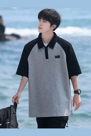 HERE&NOW Men Colourblocked Polo Collar Oversized T-shirt