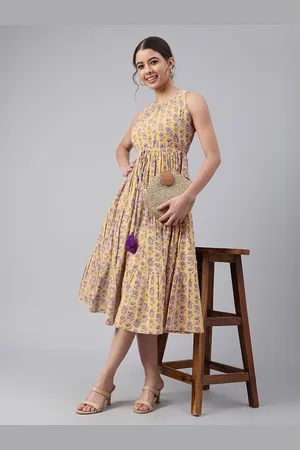 Janasya Women Pure Cotton Floral Printed Tiered Dress