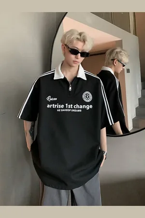 HERE&NOW Men Typography Printed Polo Collar Oversized T-shirt
