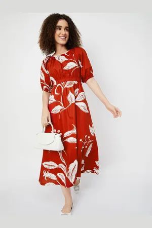 Max Collection Women Cotton Floral Print Puff Sleeve Fit and Flare Midi Dress