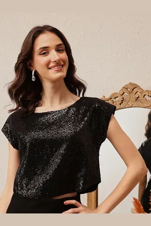 Quiero Women Embellished Cap Sleeves Georgette Crop Top