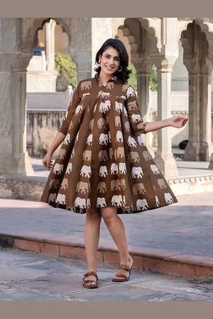 BAESD Women Graphic Printed Cotton Shirt Collar Fit & Flare Dress