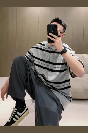 HERE&NOW Men Striped Polo Collar Oversized T-shirt