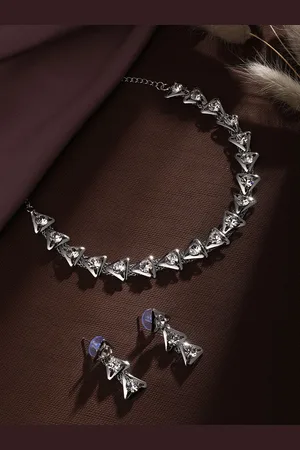 Asmitta Jewellery Rhodium-Plated American Diamond Studded Necklace and Earrings