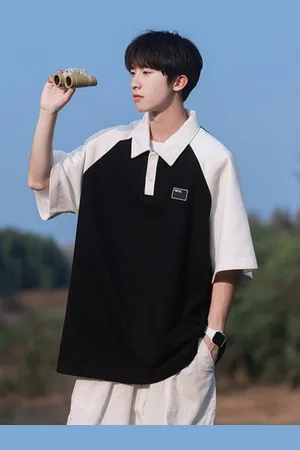 HERE&NOW Men Colourblocked Polo Collar Oversized T-shirt
