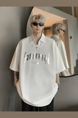 HERE&NOW Men Typography Printed Polo Collar Oversized T-shirt