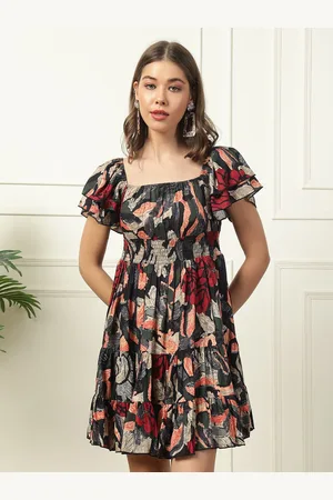 DEEBACO Women Floral Printed Tiered Bell Sleeve Fit & Flare Dress