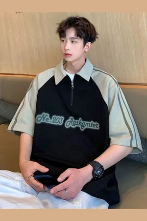 HERE&NOW Men Typography Printed Polo Collar Oversized T-shirt