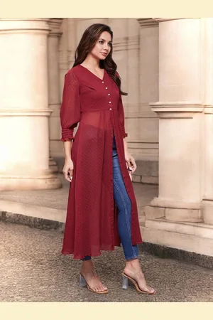 Miss Chase Women Cuff Sleeves V-Neck Smocking Self Design Front Open Maxi Longline Top