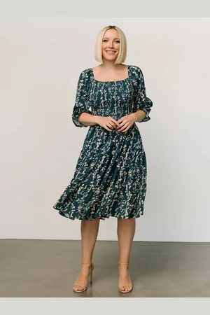 BAESD Women Silk Floral Printed Square Neck Bell Sleeves Fit & Flare Dress