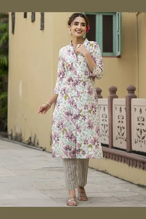 Divena World V-Neck Floral Printed Pure Cotton Straight Kurta with Trouser
