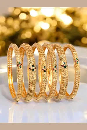 Lucky Jewellery Set Of 6 18K One Gram Gold-Plated Stone Studded Bangles