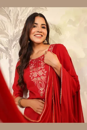 Janasya Floral Embroidered Chanderi Silk Straight Kurta with Trousers & Dupatta