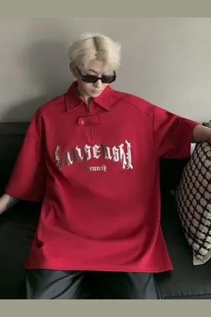 HERE&NOW Men Typography Printed Polo Collar Oversized T-shirt