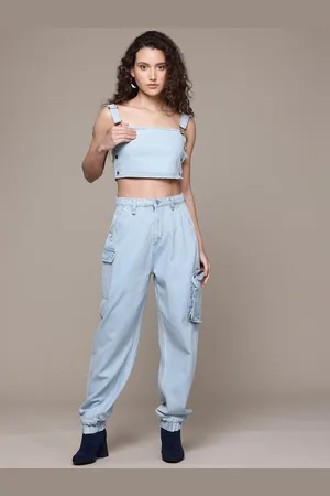 Roadster The Lifestyle Co. Acid Washed Denim Crop Top with Cargo Style Joggers