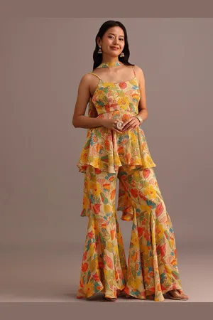 KALKI Fashion Floral Printed Scoop Neck Sequence Kurti With Sharara & Dupatta