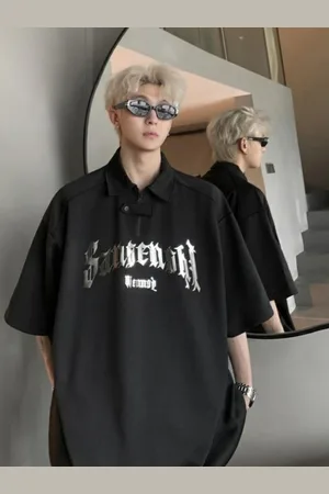HERE&NOW Men Typography Printed Polo Collar Oversized T-shirt