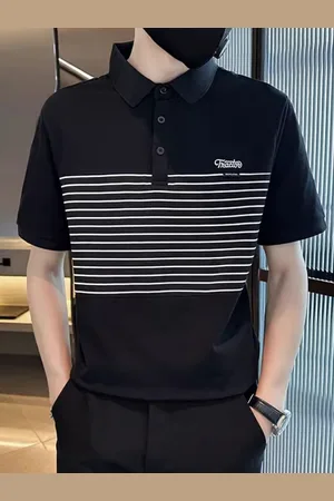 HERE&NOW Men Striped Polo Collar Cotton T-shirt