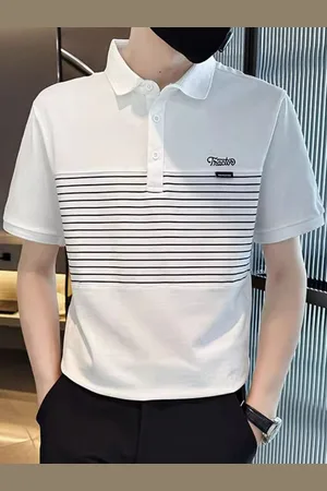 HERE&NOW Men Striped Polo Collar Cotton T-shirt
