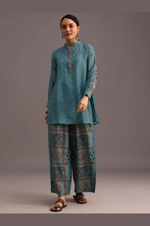 KALKI Fashion Ethnic Motifs Printed Mandarin Collar Straight Linen Kurti with Palazzos