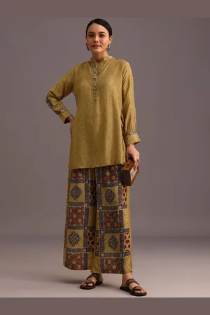KALKI Fashion Ethnic Motifs Printed Mandarin Collar Straight Linen Kurti with Palazzos