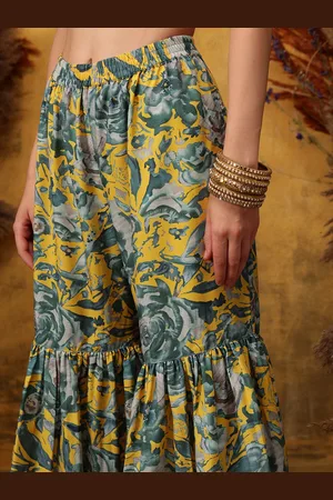 indo street Floral Printed Shoulder Straps A-Line Kurta With Sharara