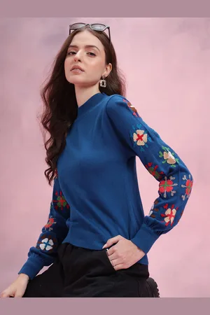 DressBerry Solid Pullover with Embroidered Puff Sleeve