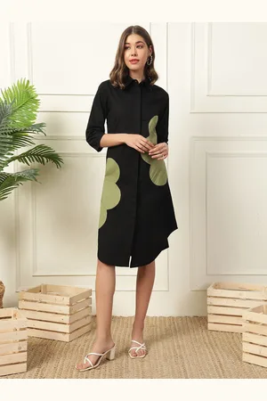 DEEBACO Women Floral Printed Shirt Collar Cotton Shirt Midi Dress
