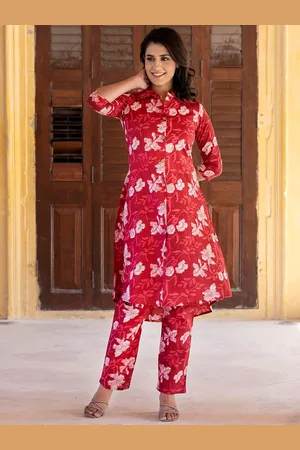 Kalini Floral Printed Pure Cotton Shirt Collar Tunic With Trousers