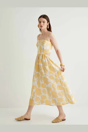 Koton Women Square Neck Shoulder Straps Abstract Printed Cut-Outs Fit & Flare Midi Dress