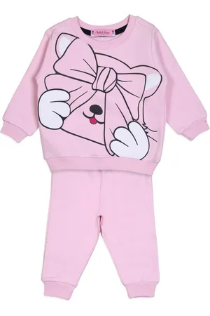 White Snow Infants Girls Printed Round Neck Fleece Sweatshirt With Joggers