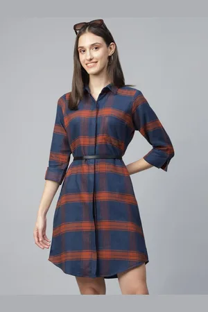 English Navy Women Cotton Checked Formal Shirt Dress