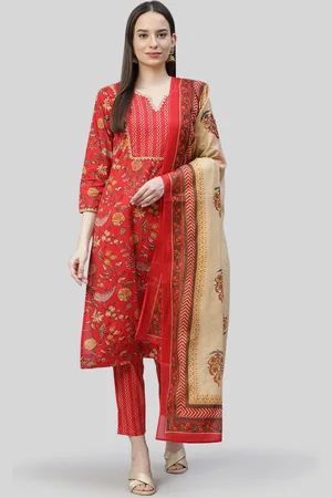 Jompers Women Red Striped Panelled Pure Cotton Kurti with Trousers & With Dupatta