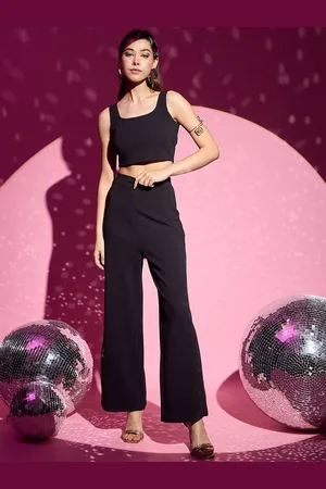 Berrylush Black Square Neck Crop Top & Trousers