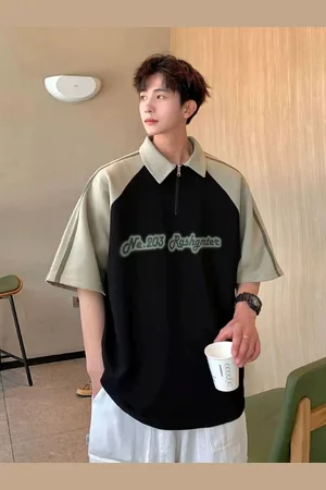 HERE&NOW Men Typography Printed Polo Collar Oversized T-shirt