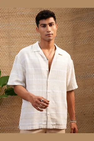 LocoMotive Premium Men Dobby Textured Striped Cuban Collar Oversized Shirt