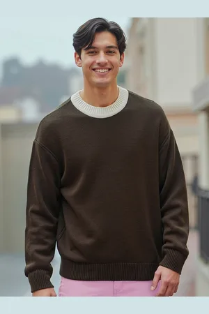 Bewakoof Brown & White Colourblocked Oversized Flat Knit Acrylic Pullover Sweater