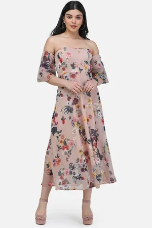 BAESD Women Floral Printed Off-Shoulder Flared Sleeves Fit & Flare Midi Dress