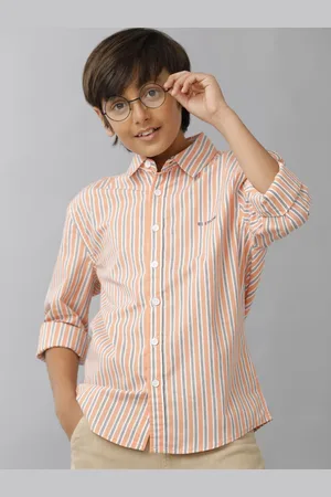 UNDER FOURTEEN ONLY Boys Spread Collar Vertical Striped Cotton Casual Shirt